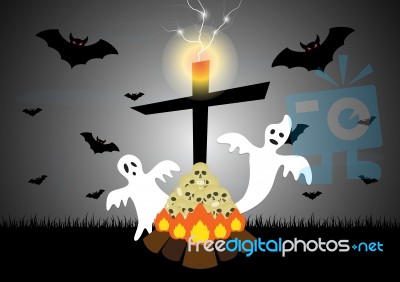 Halloween Skull Bonfire Ghost Cross Bat Thunderbolt  Stock Image
