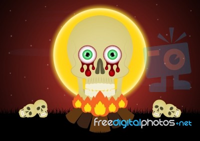 Halloween Skull Bonfire Moon  Stock Image