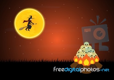Halloween Skull Bonfire Witch Moon  Stock Image