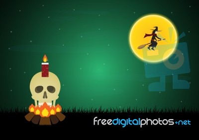 Halloween Skull Candle Bonfire Witch Moon  Stock Image