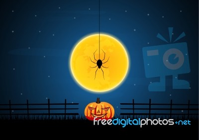 Halloween Spider Moon Graveyard Pumpkin Fence Stock Image