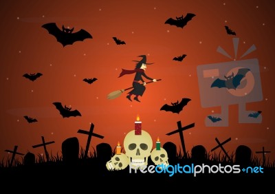Halloween Witch Bat Skull Gravestone Cross  Stock Image