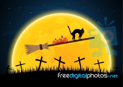 Halloween Witch Broomstick Graveyard Pumpkin Cat Cross Backgroun… Stock Image