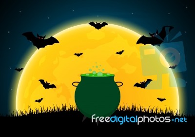 Halloween Witch Cauldron Moon Bat  Stock Image