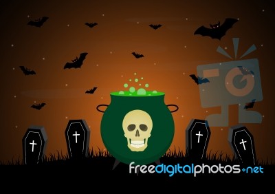 Halloween Witch Cauldron Skull Coffin  Stock Image