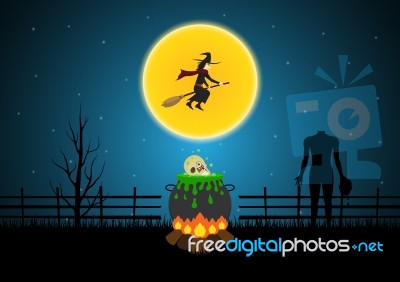 Halloween Witch Cauldron Skull Fly Witch Zombie Dead Tree  Stock Image