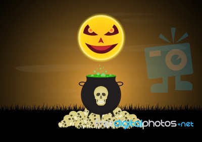 Halloween Witch Cauldron Skull Moon  Stock Image