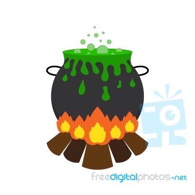 Halloween Witch Cauldron With Green Potion And Bonfire Stock Image