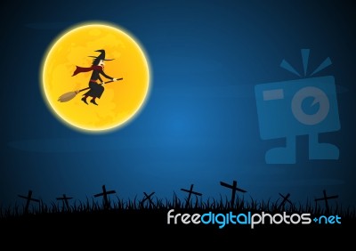 Halloween Witch Flying On Broom Stock Image