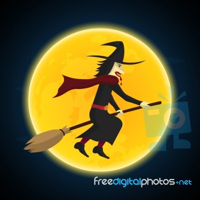 Halloween Witch Flying On Broom And Moon Stock Image