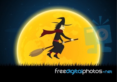 Halloween Witch On Broom Moon Graveyard Stock Image