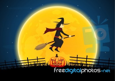 Halloween Witch On Broom Moon Pumpkin Graveyard Stock Image