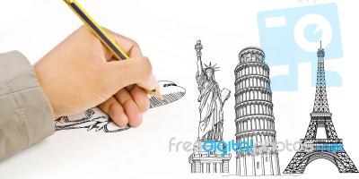 Hand Drawing Airplane For Travel  Stock Photo