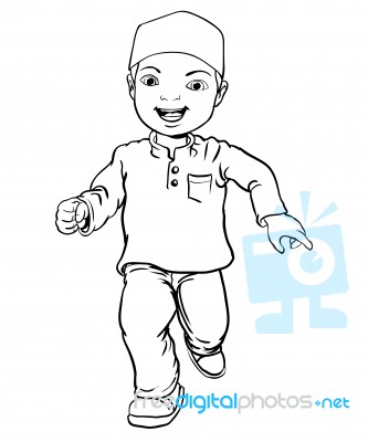 Hand Drawing Of Muslim Boy Make Running - Illustration Stock Image