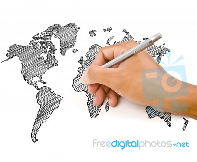 Hand Drawing World Map Line Stock Photo