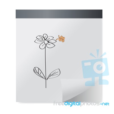 Hand Drawn Black Flower And Butterfly On Paper Note Stock Image