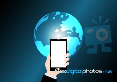 Hand Hold Mobile Phone With Globe Stock Image