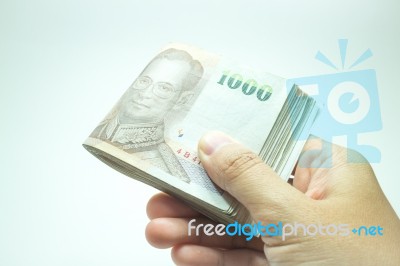 Hand Hold On Thai Money Banknote Stock Photo
