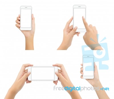 Hand Hold Phone Blank Screen Isolated On White Background, Mock-… Stock Photo