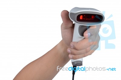 Hand Holding Barcode Scanner Stock Photo