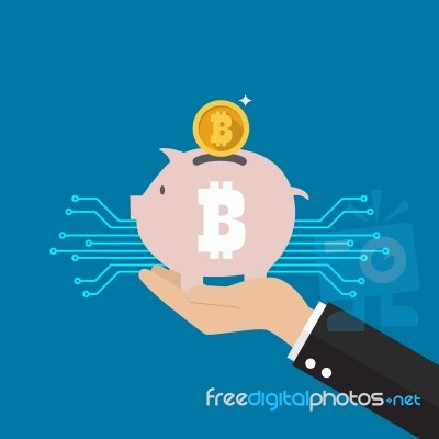 Hand Holding Bitcoin Piggy Bank Stock Image