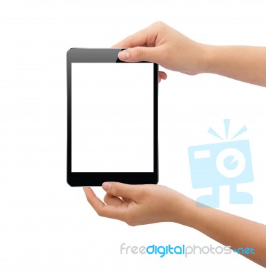 Hand Holding Black Tablet Isolated On White Clipping Path Inside Easy Add Element Stock Photo
