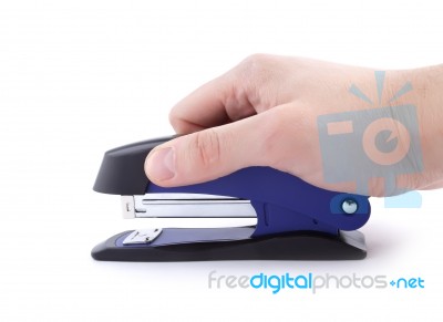 Hand Holding Blue Stapler Isolated On White Background Stock Photo