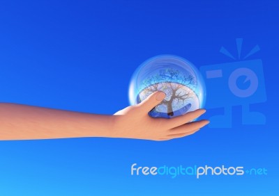 Hand Holding Bubble With Tree Stock Image