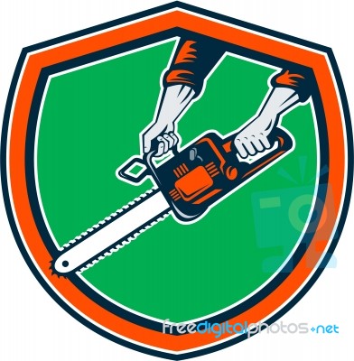 Hand Holding Chainsaw Shield Retro Stock Image