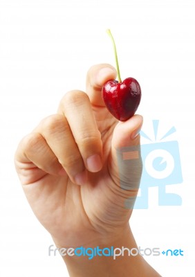 Hand Holding Cherry Heart Shape Isolated Clipping Path Stock Photo