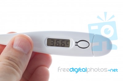 Hand Holding Electronic Thermometer Stock Photo