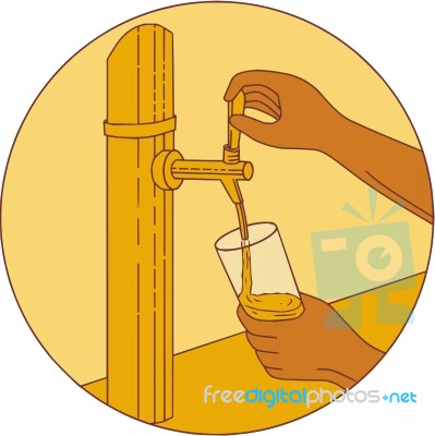 Hand Holding Glass Pouring Beer Tap Circle Drawing Stock Image