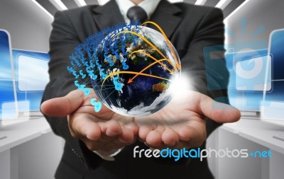 Hand Holding Globe With Network Stock Photo