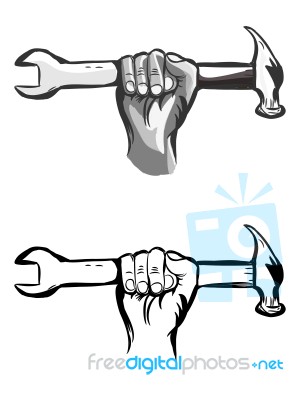 Hand Holding Hammer And Wrench Symbol Industry Concept Stock Image