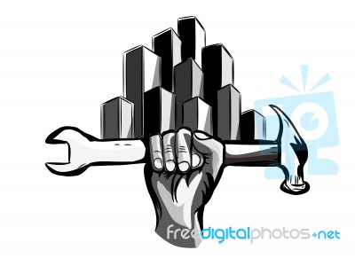 Hand Holding Hammer And Wrench Symbol With Abstract Building On Stock Image