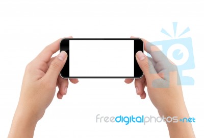 Hand Holding Phone Blank Screen Isolated White Background With Clipping Path Easy Adjustment Stock Photo