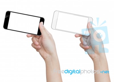Hand Holding Phone Isolated On White Clipping Path Inside Image Data Stock Photo
