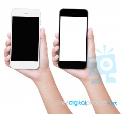 Hand Holding Phone Isolated With Clipping Path Stock Photo