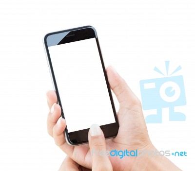 Hand Holding Phone Isolated With Clipping Path Stock Photo