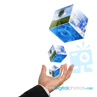 Hand Holding With Environment Cube Stock Photo