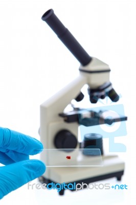 Hand In Blue Latex Glove Holds Sample Glass Plate With Blood Sample Drop And A Microscope On White Background Stock Photo