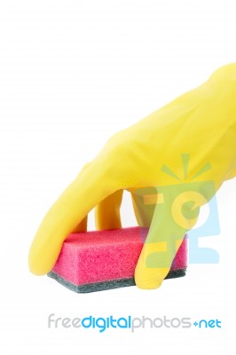 Hand In Rubber Glove With Cleaning Sponge Stock Photo