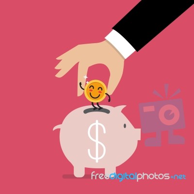 Hand Insert Happy Coin Into Piggy Bank Stock Image