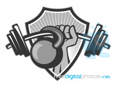 Hand Lifting Barbell Kettlebell Crest Grayscale Stock Image