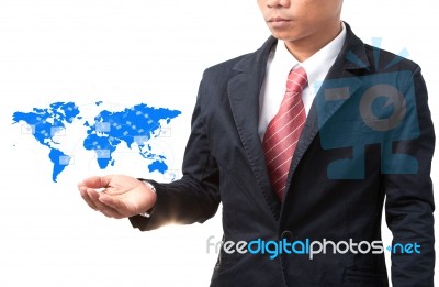 Hand Of Business Man And Blue World Map Stock Photo Hand Of Business Man And Blue World Map Stock Photo