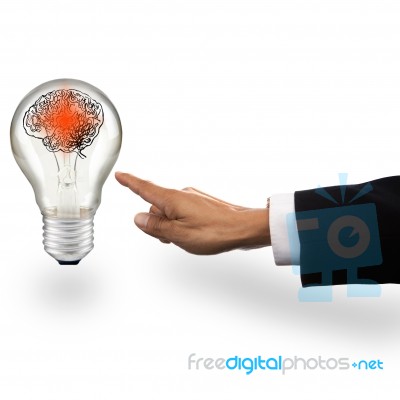 Hand Of Business Man Pointing To Light Bulb With Red Smart Brain… Stock Photo