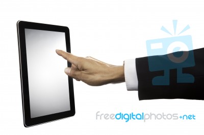 Hand Of Business Man Touching On Tablet Screen Isolated On White… Stock Photo