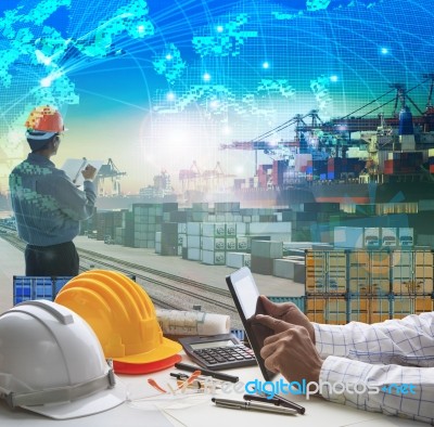 Hand Of Business Man Working On Working Table In Container Dock Use For Logistic Industry And Import Export , Freight Cargo Shipping Industrial Stock Photo