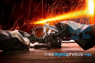 Hand Of Worker Man Working By Leather Hand Glove Protection Heat… Stock Photo