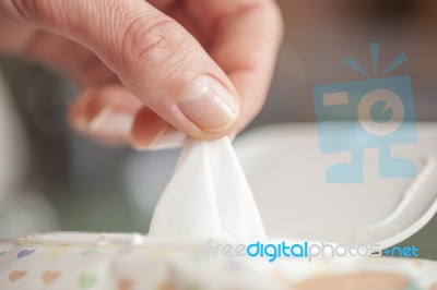 Hand Picked A Wet Wipes In Package Box, Wet Wipes In A Woman's H… Stock Photo